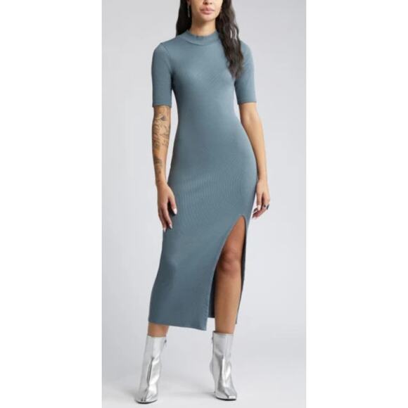 OPEN EDIT Women's Mock Neck Rib Midi Dress in Blue Weather XS Short Sleeve NWT - Picture 1 of 10